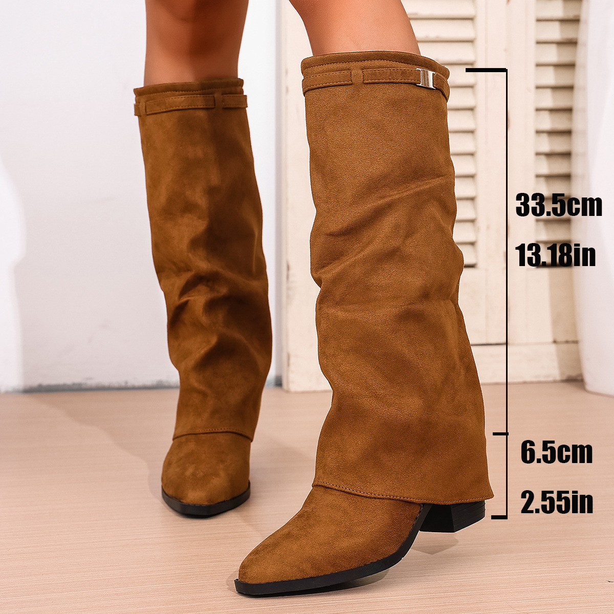 Women's Plus Size Pointed Toe High Heel Boot Size 43 European American Style Pleated Chunky Slip-On Autumn Fashion Over-the-Ankle Cowboy Boots Black_vogvips.com