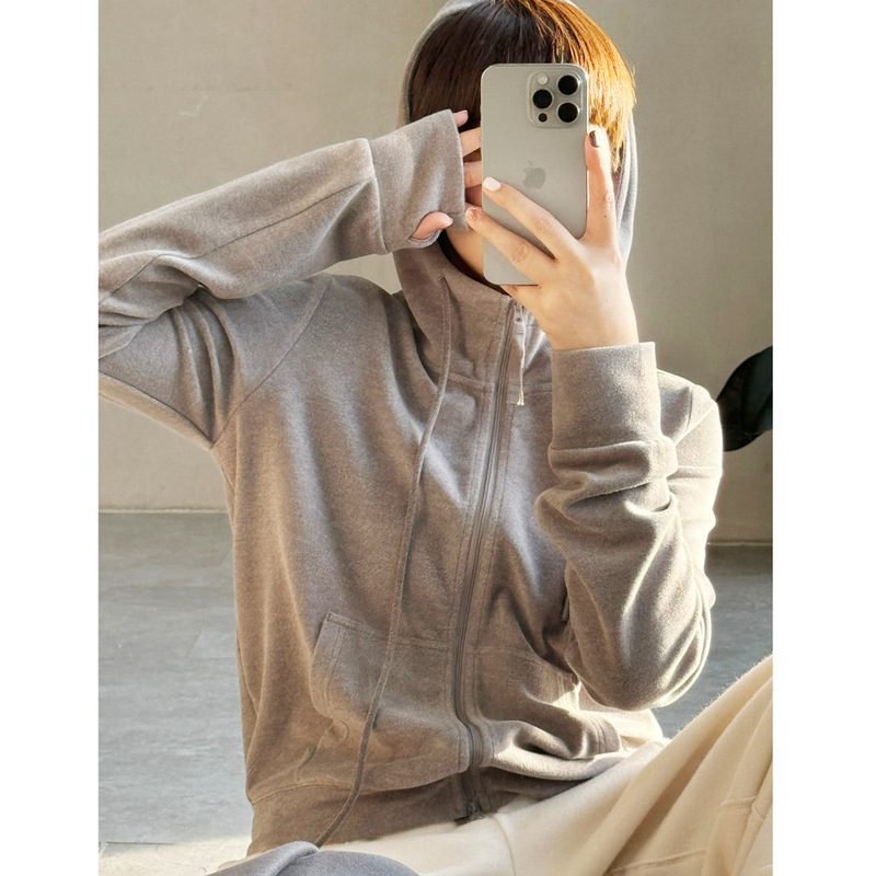 Autumn and Winter Niche Cotton Blended Velvet Soft Skin-friendly Slimming Hooded Collar Short Double Zip Cardigan Sweater