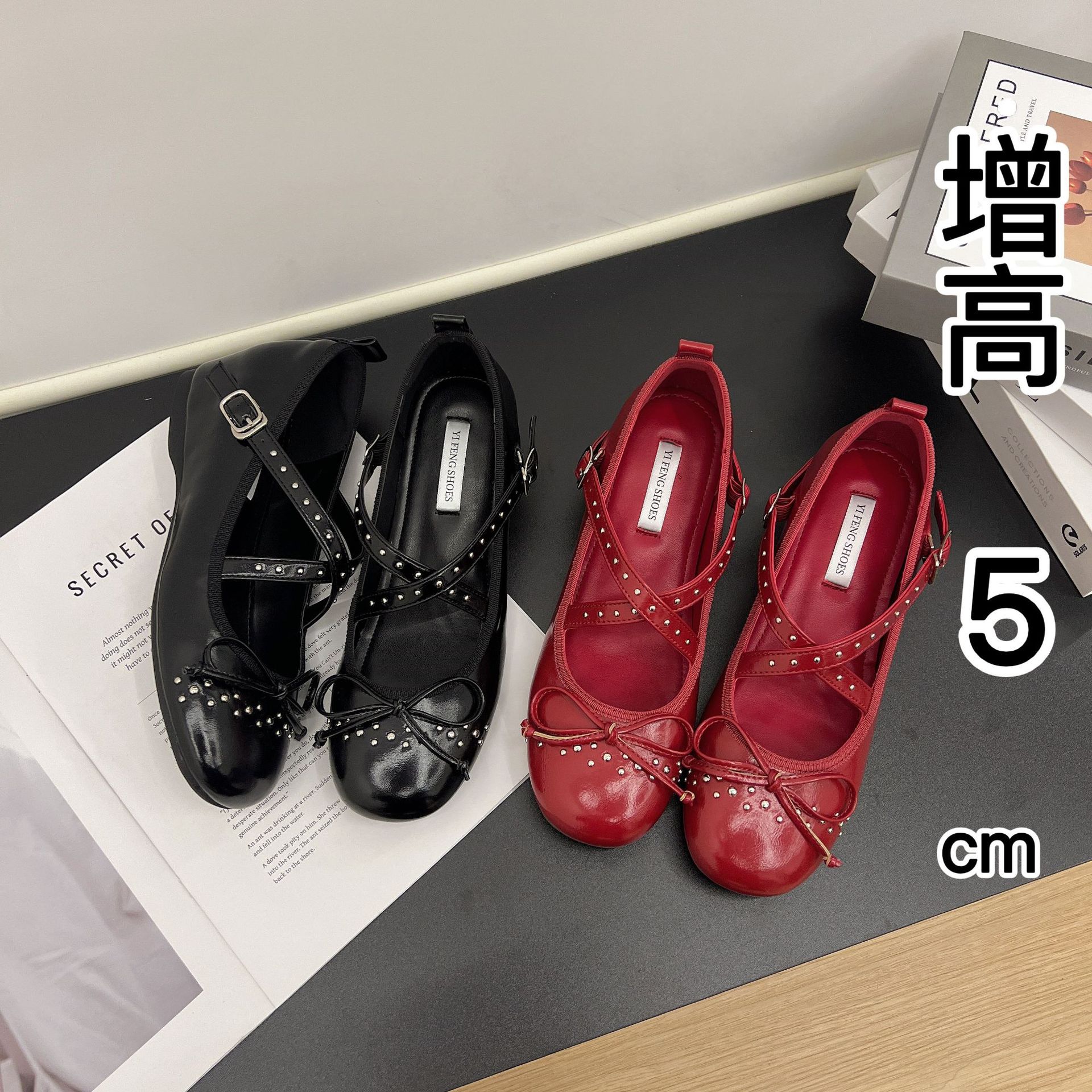 Increased 5cm Bow Shallow Mouth Shoes Women's 2025 Spring New Retro Rivet Cross Buckle Ballet Shoes