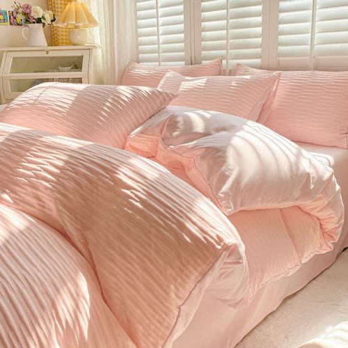 Nordic style seersucker washed cotton solid color four-piece fitted sheet quilt cover dormitory three-piece bedding set wholesale