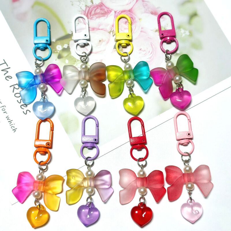 New Candy-Colored Bowknot Pearl Heart Pendant Phone Charm Earphone Bag Accessory Gift for Best Friend