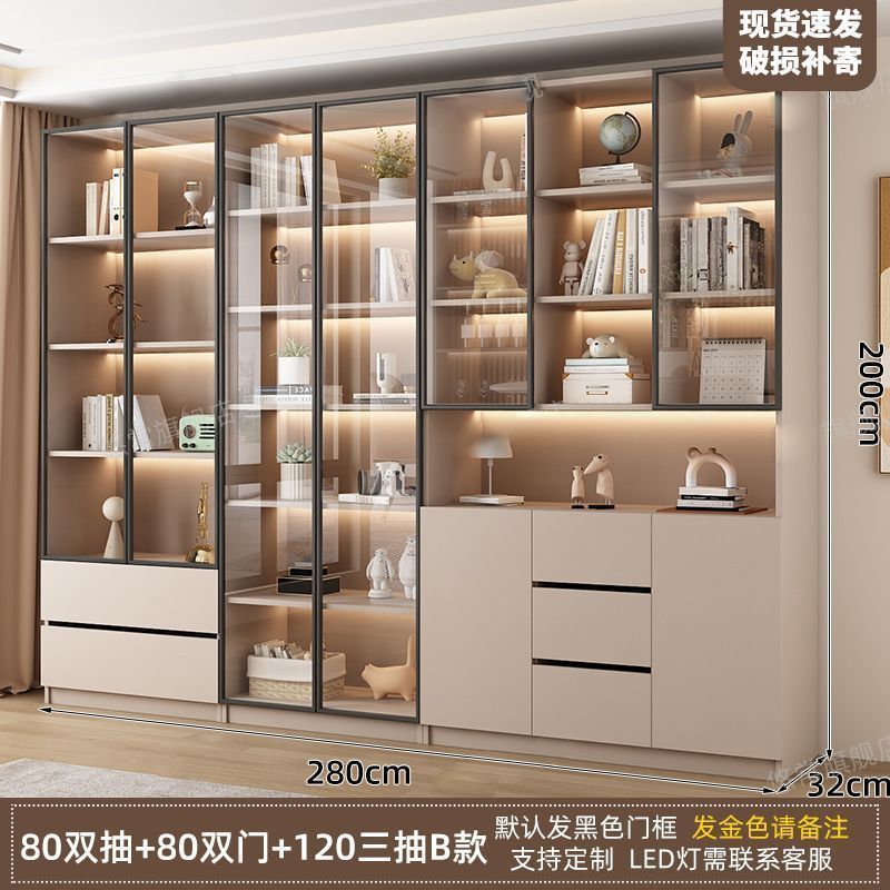 新中式书柜一门到顶加高客厅带玻璃门展示储物柜家用书房门墙书架|undefined