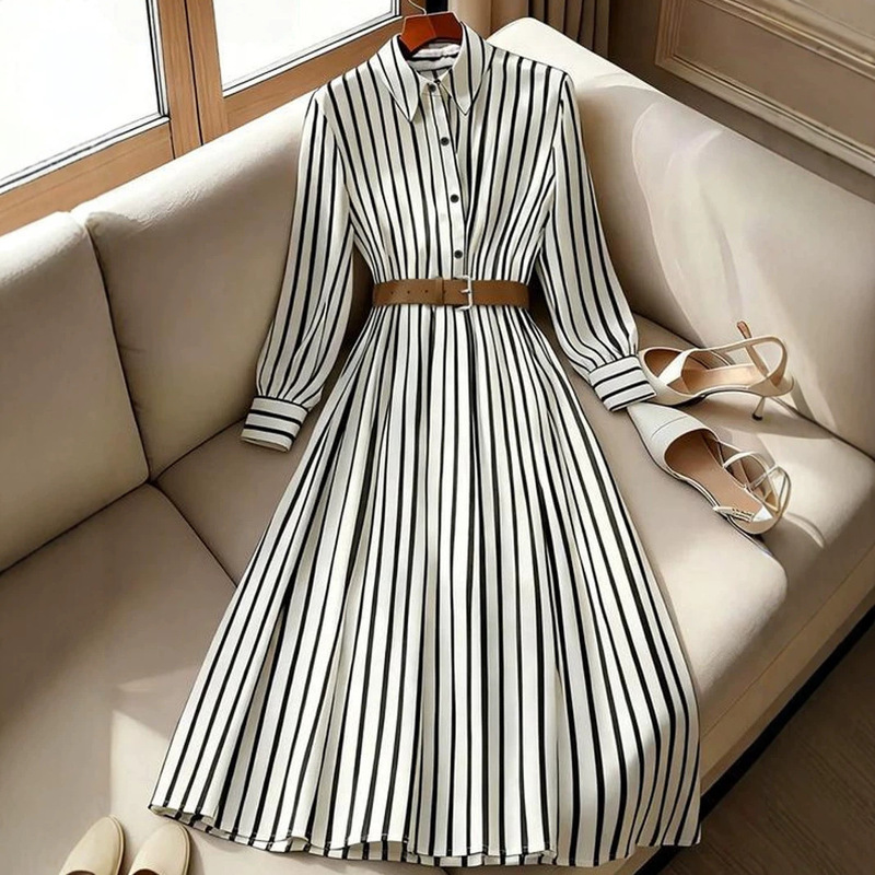 Cross-Border Foreign Trade European and American Style Black and White Vertical Striped Shirt Dress with Turn-Down Collar, Long Sleeves, Waist-Cinching, Elegant Mid-Length Dress for Women