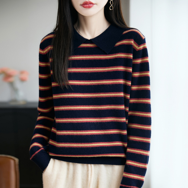 翻领条纹polo领纯羊毛针织衫女小众复古港味秋冬新款女装打底上衣|undefined