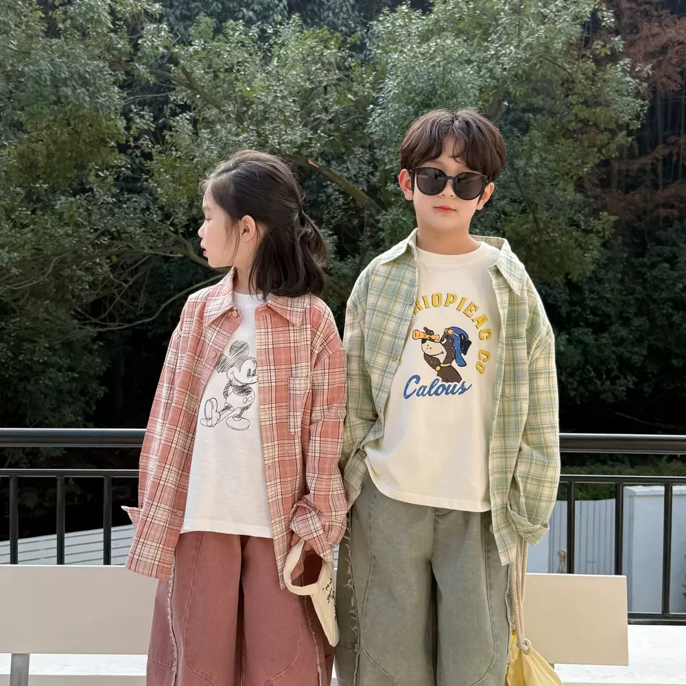 童衬衫2025春款男童女童韩版格子翻领衬衣儿童休闲宽松上衣末小蒙