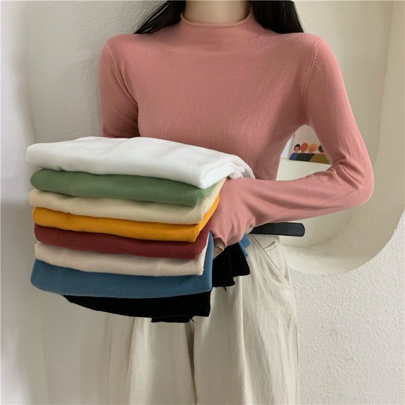 Colorful Rolled Edge Half Turtleneck Sweater for Women Spring and Autumn New Korean Style Slim Outer Wear Base Layer Trendy
