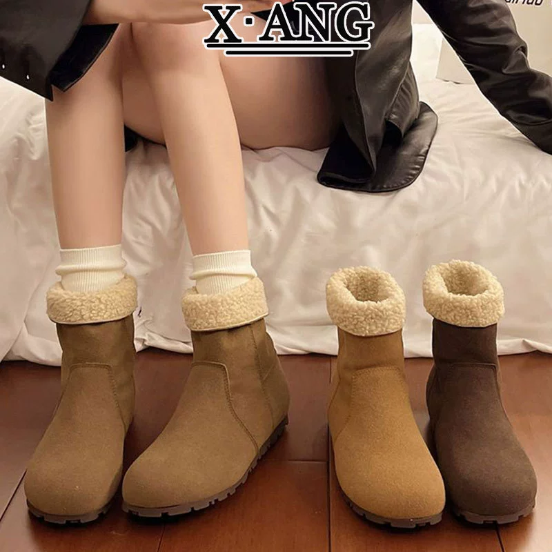 Говяжий флоат два носить снежные сапоги женские бархат утолщенные теплые хлопчатобумажные туфли зимние новые ретро кожаные ботинки Biken