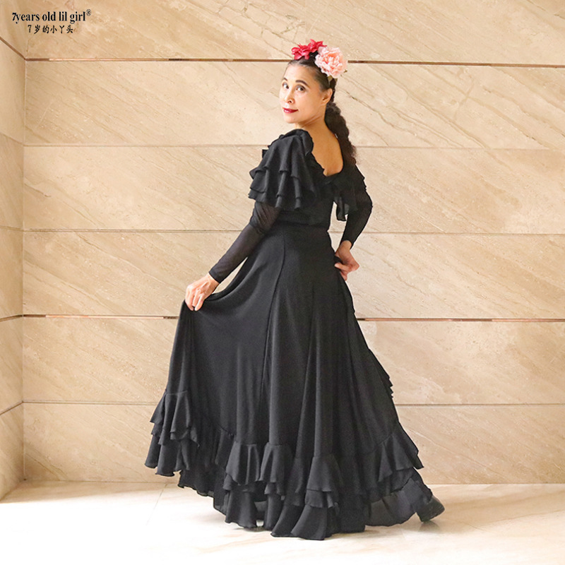 Spanish flamenco dance black dress women practice performance hot selling thick chiffon ENE08