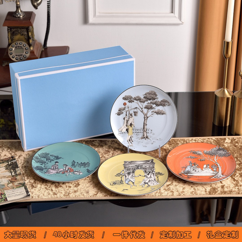 New W Greek Bridges High-end Cowhide Sala Plate European-style Character Scenery Bone China Western Plate suit