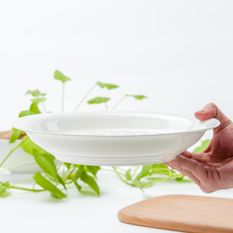 White Bone China Tableware Creative Tray Ceramic Plate Household Oil-Control Bowl Large Dish Plate Fruit Double-Layer Draining Dumpling Plate