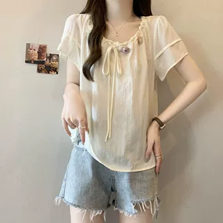 大码立体花朵雪纺短袖t恤女夏季2026新款胖mm宽松显瘦遮肉上衣女