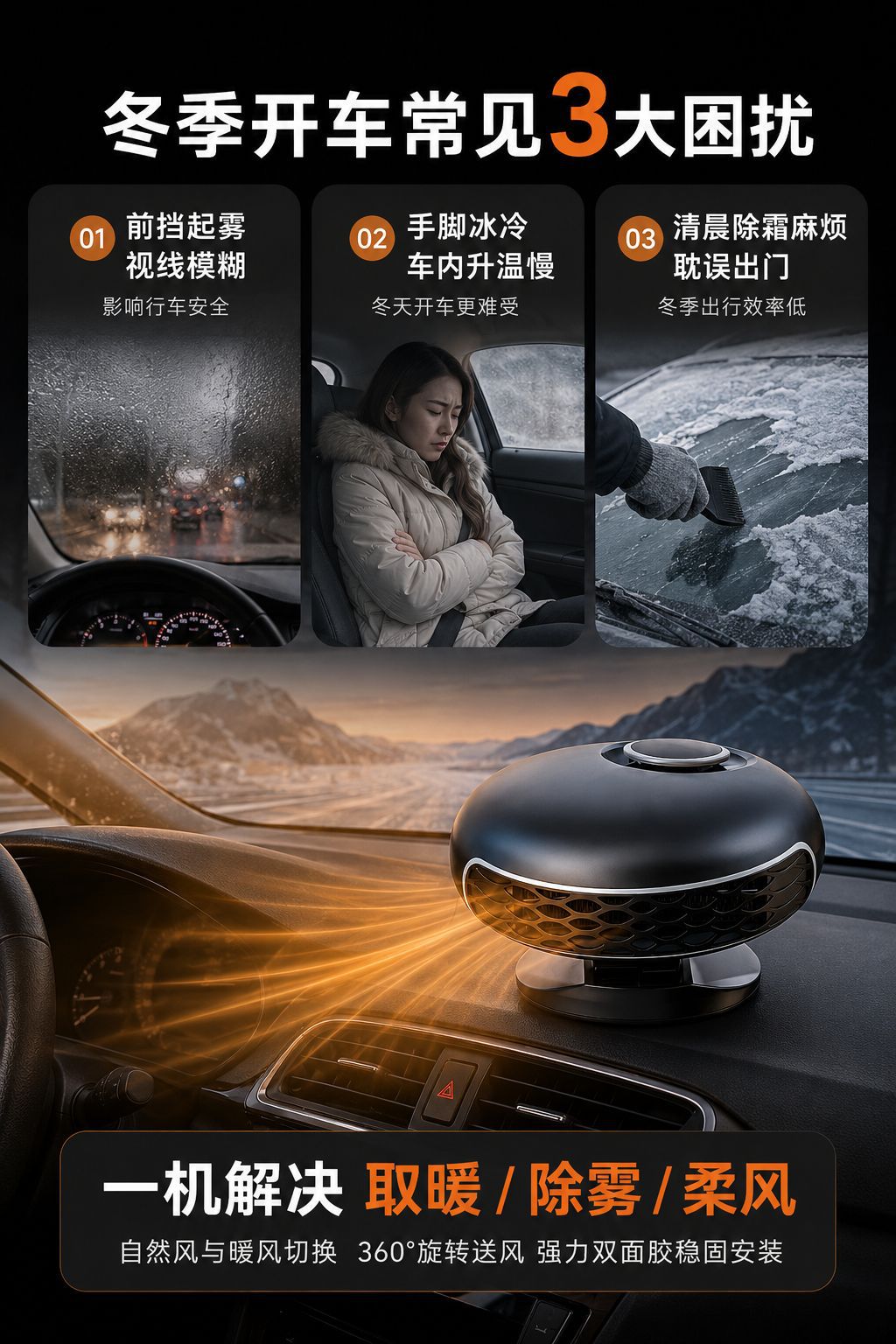 Car Heater Suction Cup Type Portable Compact Car Glass Defrosting and Defogging 12V Car Heating Heater
