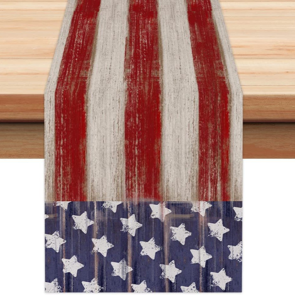 Transfronterizo 2024 nuevo día de la independencia de los Estados Unidos lino bandera de mesa bandera estrella y rayas tela de mesa de comedor cama de té tela de mesa image 8