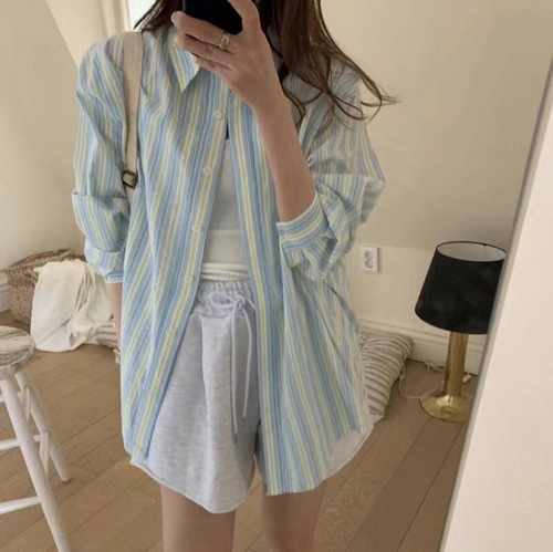 Korean long-sleeved thin striped two-color sunscreen shirt lazy style versatile loose top