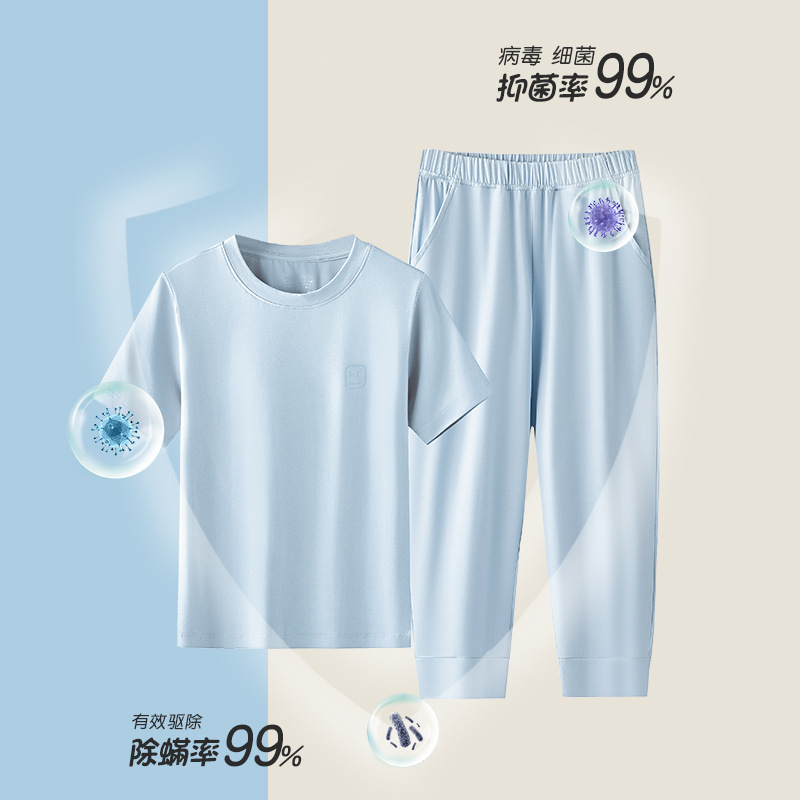 Nuevo conjunto de pijamas casuales de algodón modal antiácaros para niños y niñas, adecuado para salir, pantalones tres cuartos, conjunto para estar en casa, en stock.