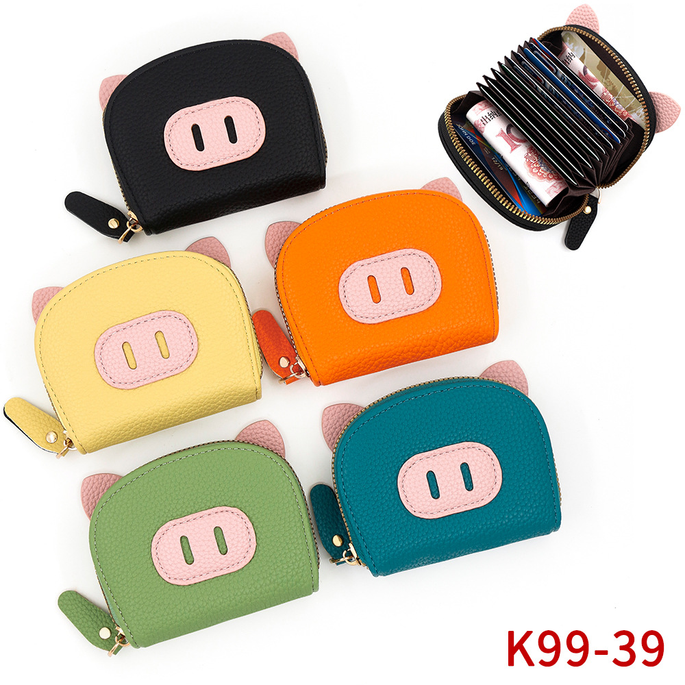 Litchi Pattern Short-Length Accordion Card Bag Document Bag Candy Color Cute Pig Multi-Card Slot Card Holder Wallet Zipper Bag