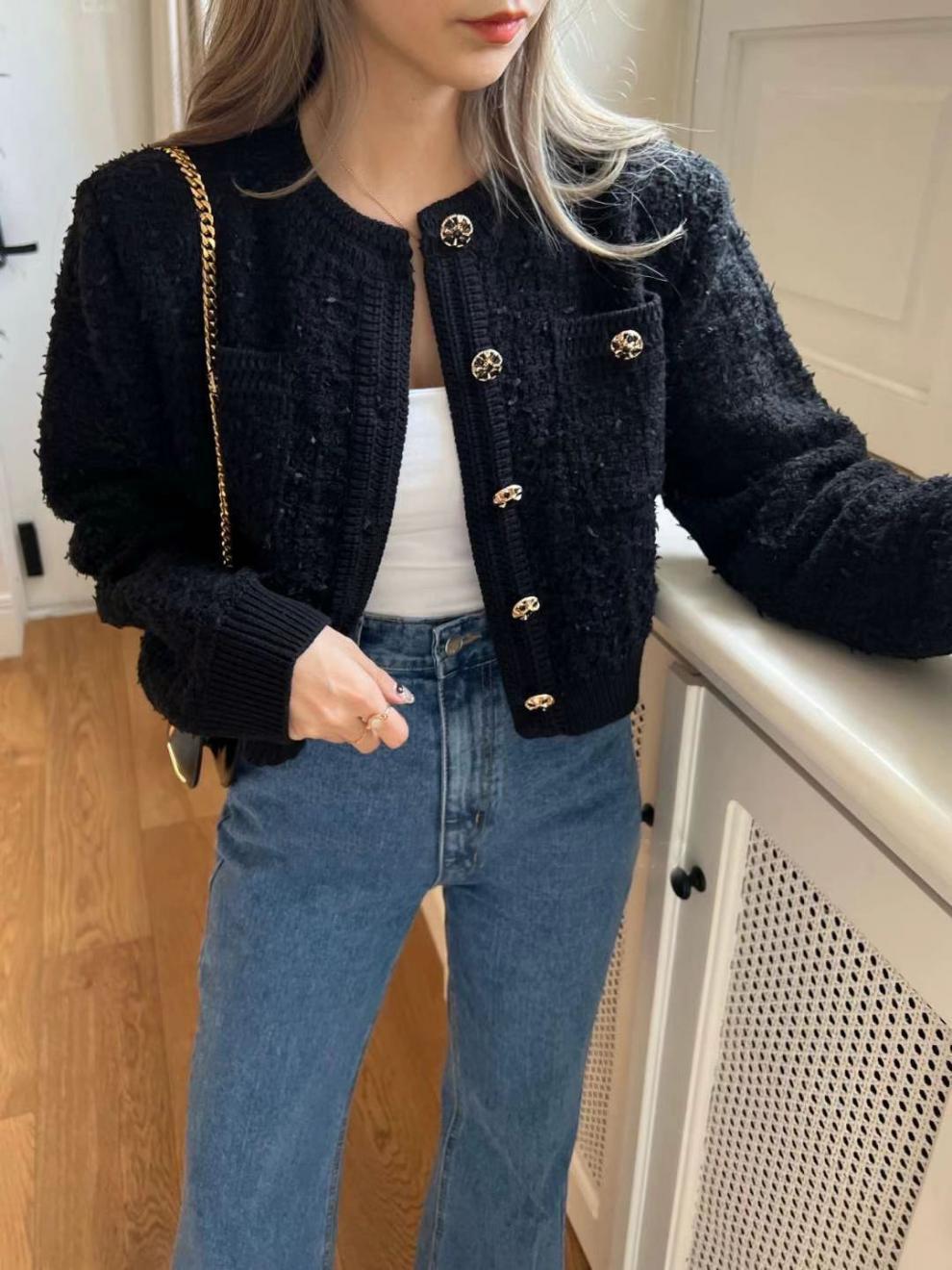 Nuevo estilo coreano de otoño y invierno suave pegajoso pequeño viento fragrante jersey de punto de camisa de estilo francés temperamento femenino delgado suéter de cuello redondo abrigo