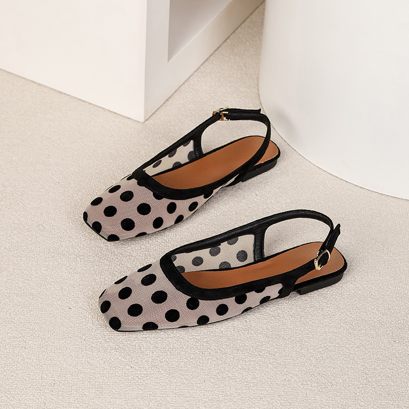 Cross-Border Foreign Trade French Retro Style Back-Strap Flat Sandals 2026 New Polka Dot Mesh Square Toe Backless Single Shoes for Women Cross-Border Foreign Trade French Retro Style Back-Strap Flat Sandals 2026 New Polka Dot Mesh Square Toe Backless Single Shoes for Women