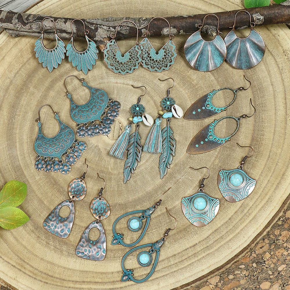 Stainless Steel Ear Needle Material 1 Pair Hip-Hop Retro Leaf Inlay Alloy Turquoise Drop Earrings