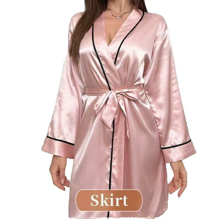 Пижамный халат европейского стиля, plus size, сатиновая фактура с поясом, размеры S–XL