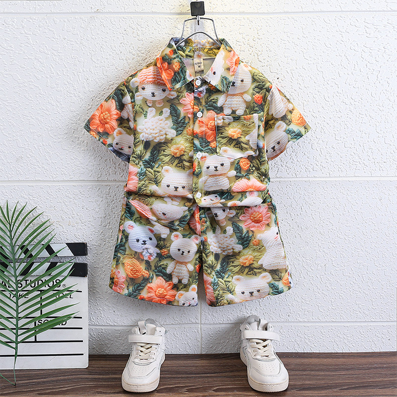 7210 Traje para niños Camisa de flores de manga corta para niños de verano Traje de dos piezas guapo y de moda 2025 nueva ropa para bebés