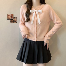 无头风实拍韩系粉色针织衫蝴蝶结领开衫毛衣外套女