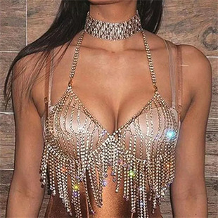 European and American Sexy Beach jewelry diamond tassel body chain bikini chest chain rhinestone underwear bra hot sale
