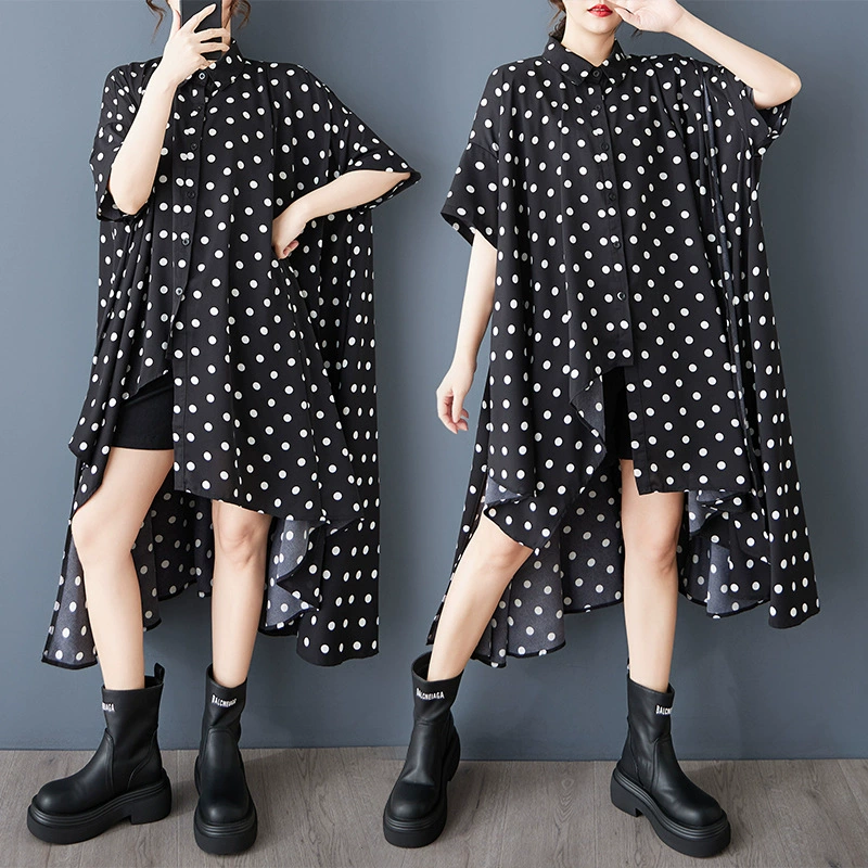 Реальный выстрел 2025 летний новый европейский и американский стиль большой размер стильная свободная рубашка дикая точка нерегулярная юбка-рубашка