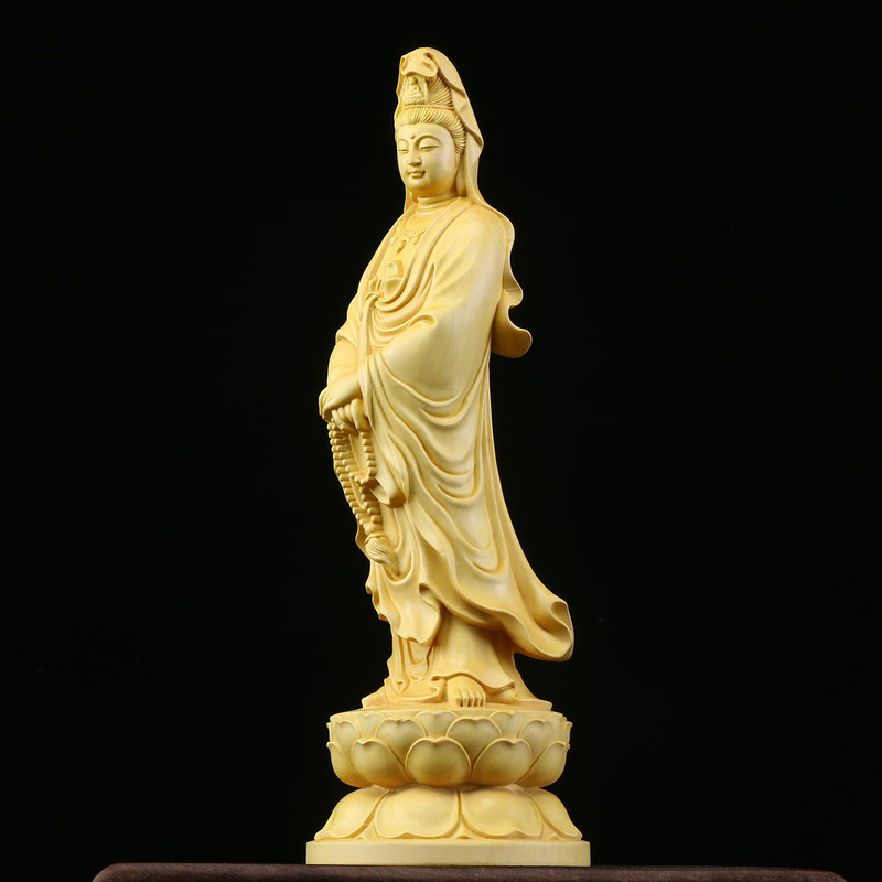 黄楊木彫刻立蓮観音菩薩置物実木崖柏念珠観音仏像供養装飾工芸|undefined