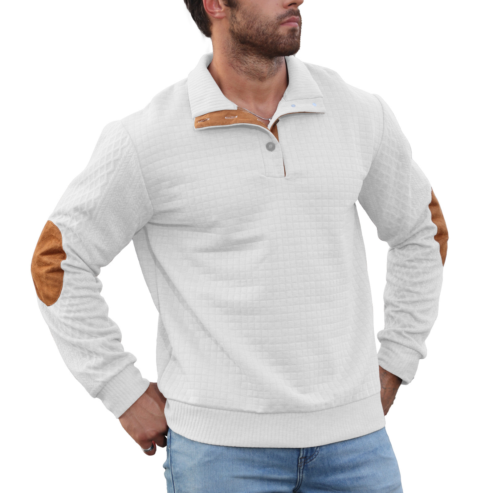 Chaqueta de manga larga con cuello de solapa y estampado a cuadros pequeño, estilo casual de primavera y otoño para hombre, sudadera informal para exteriores.