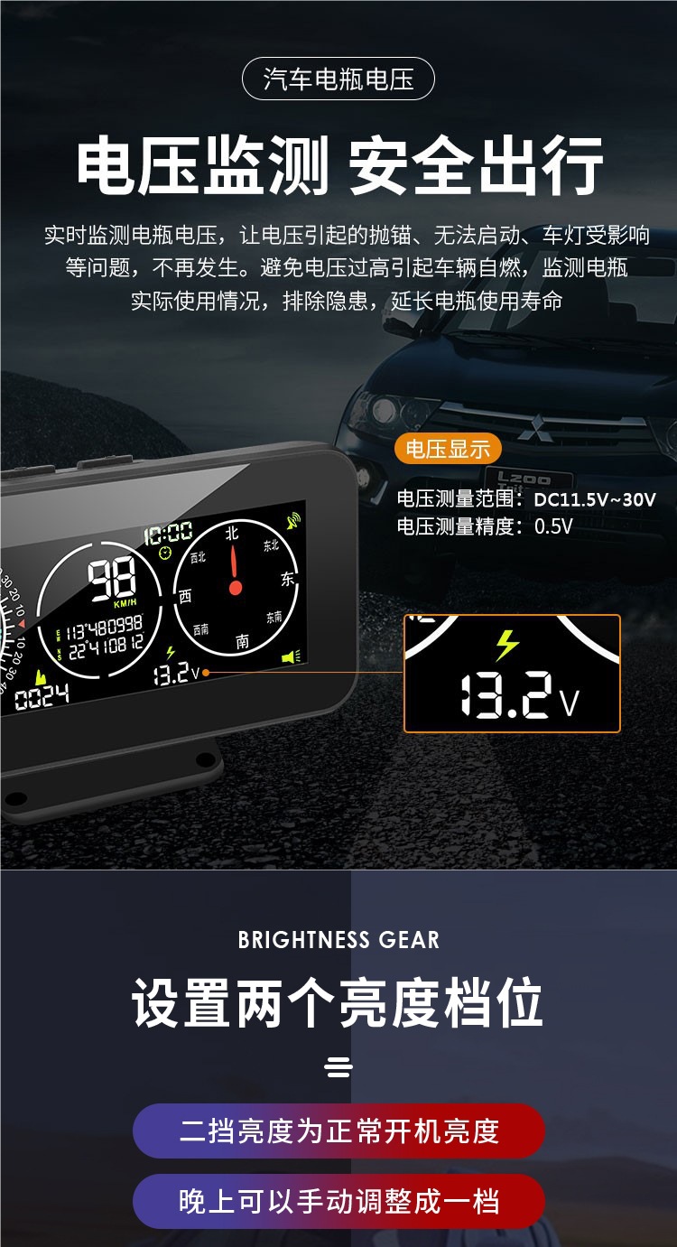 Haoyihe Car Beidou Universal Code Meter Hud Head-Up Display Gps Speed Altitude Compass Clock Modified Inclinometer