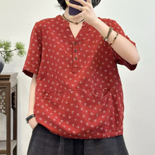 韩版双层棉纱印花半开V领短袖衬衫女夏季文艺休闲宽松上衣女装