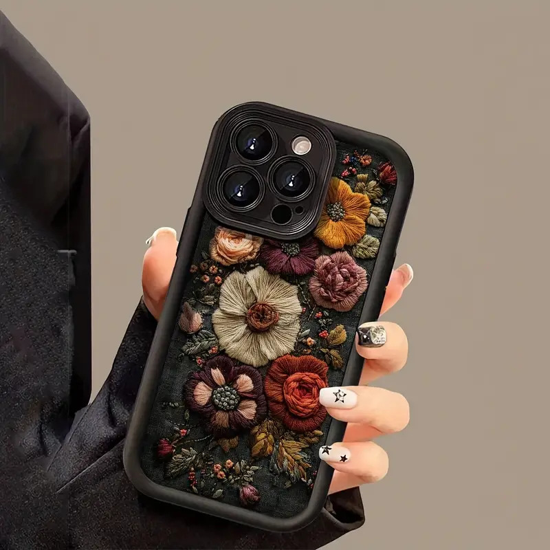 复古花朵适用苹果15promax手机壳仿刺绣iPhone16新款14/17pro全包