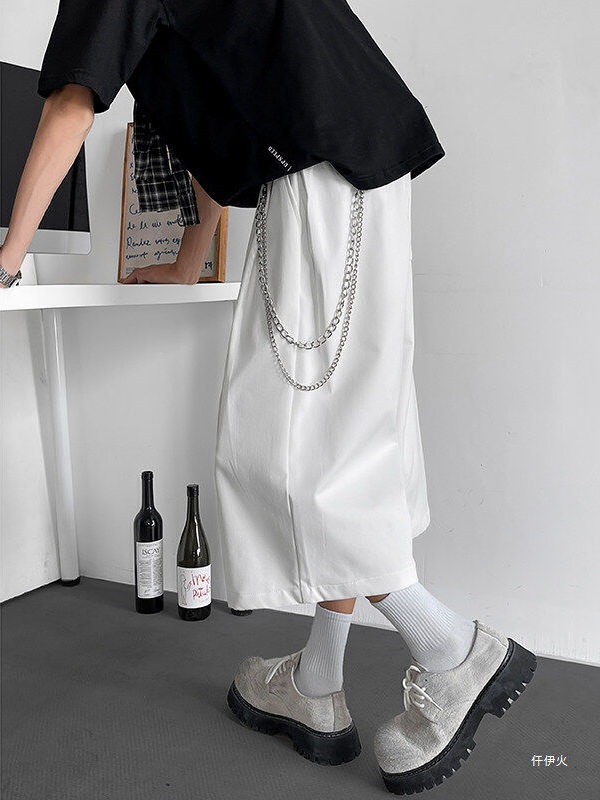 港风复古链条装饰七分裤男夏季纯色百搭大码短裤休闲直筒阔腿中裤
