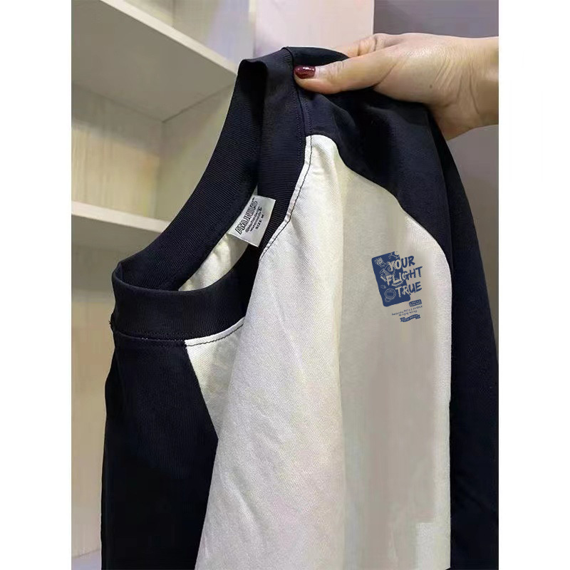 アメリカのレトロな色の肩の長袖の綿のtシャツの男性の秋のファッションのブランドのinsのゆったりしている底のシャツのカップルの上で服を着ます。|undefined
