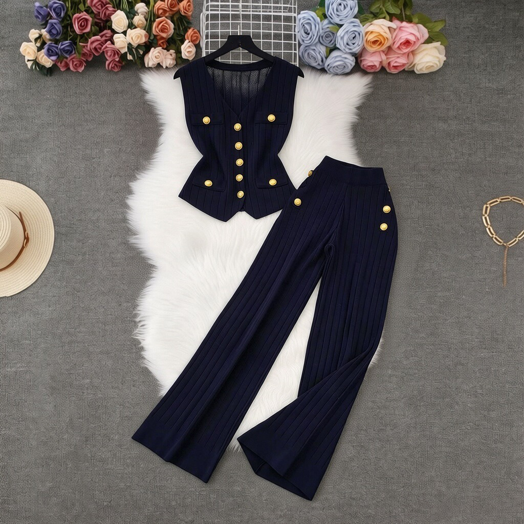 Women's Knitted Two-Piece Suit Fashionable Metal Buckle Woolen Top And Loose Wide Leg Pants High-End Pant Set_ecoleips.com
