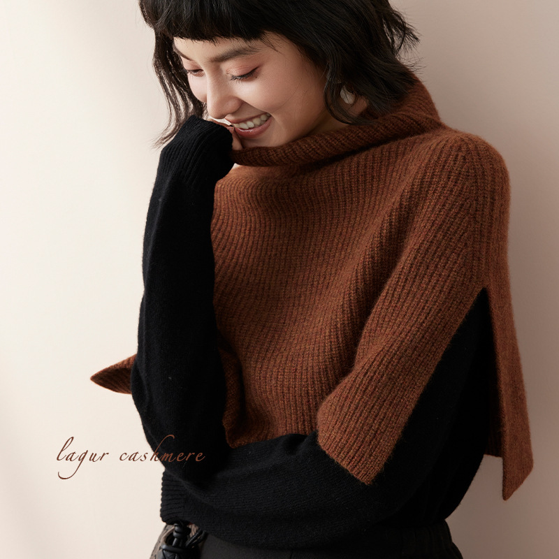 Thickened Cashmere 100%-- Knitted High Collar Fake Collar Shawl Pullover Cape Split Shoulder Pad Scarf Warm