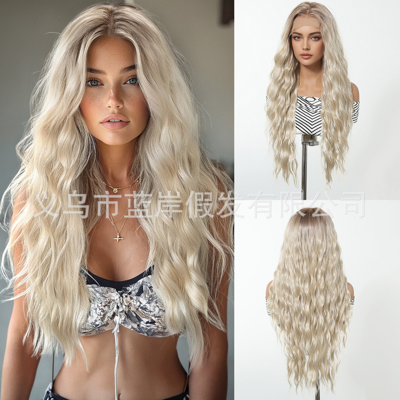 European and American Style Middle Parted Bangless 13X6 Large Area Front Lace White Golden Long Curly Hair Fashion Wig Full Head Style