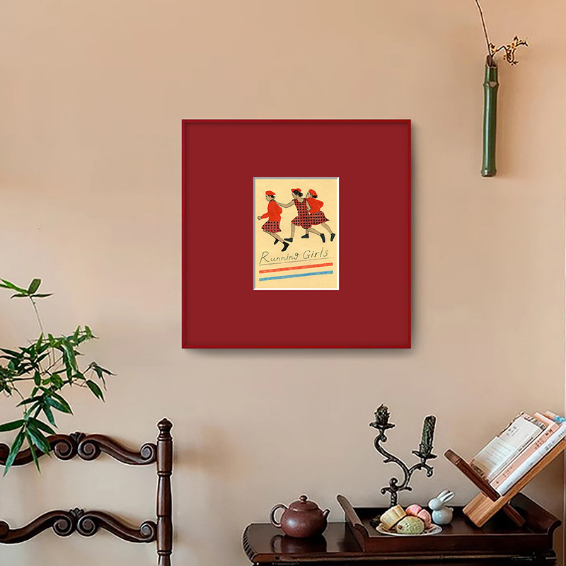 Running Girls French Niche Art Decorative Painting Character Retro Hanging Painting Red Frame Mural