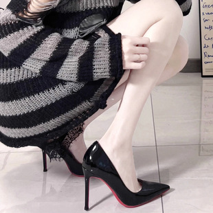 Black red bottom high heel female 2024 spring new pointed fine heel sexy bright face temperament single shoes patent leather women's shoes