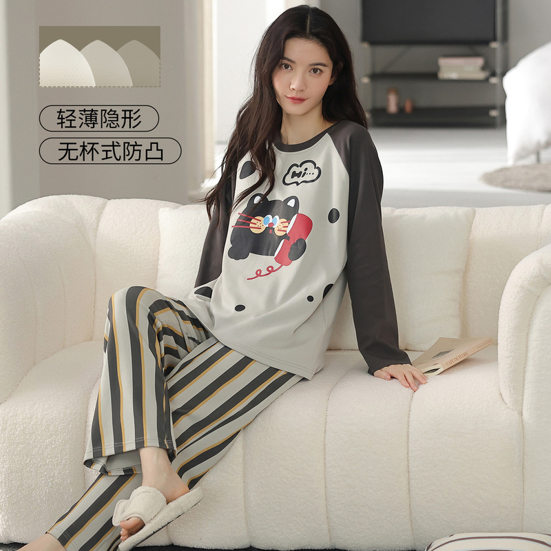 纯棉睡衣女春秋款带胸垫长袖套装2025新款圆领可爱卡通外穿家居服|undefined