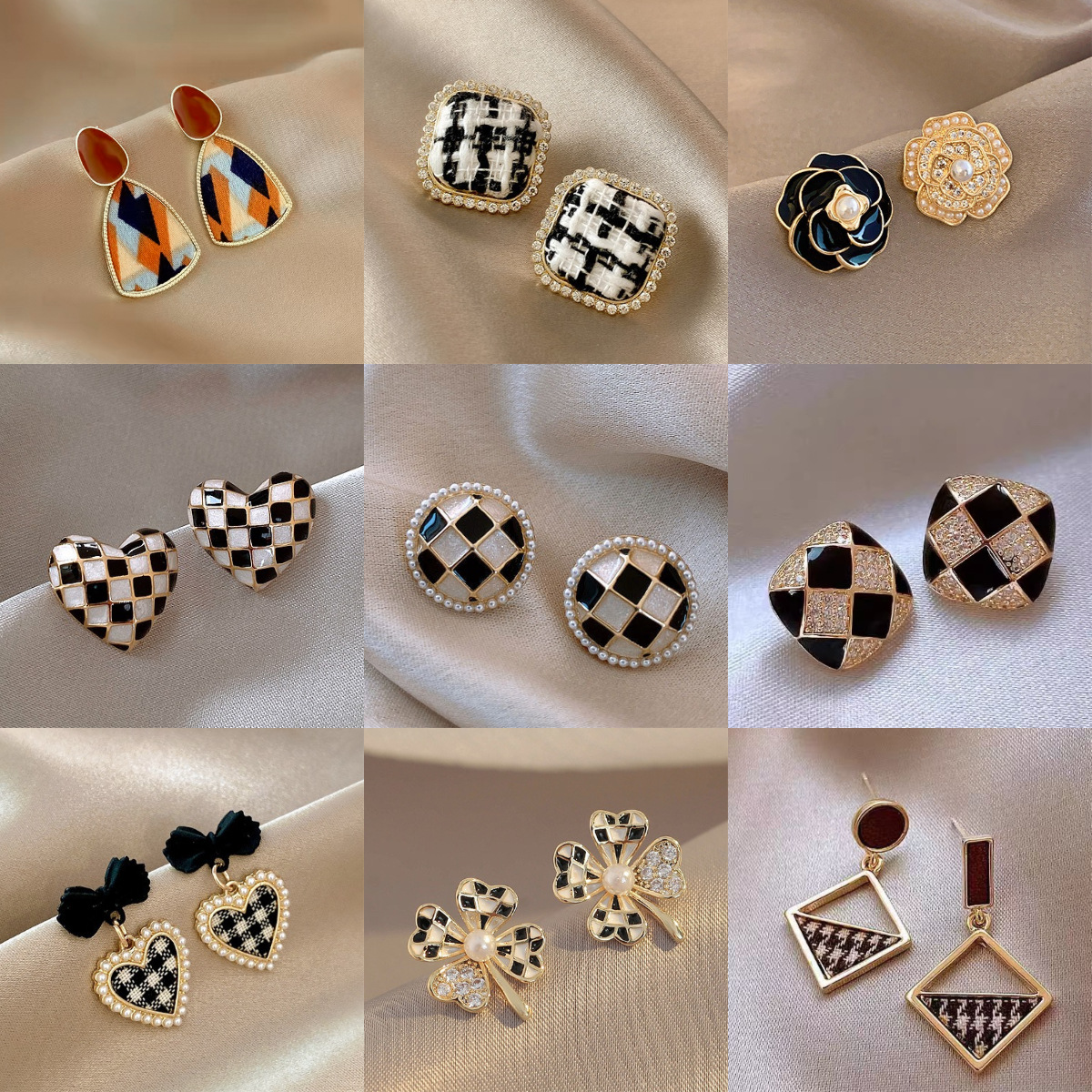 Aguja de plata Versión coreana de elegantes pendientes a cuadros en blanco y negro, diseño de nicho, pendientes de todo fósforo, pendientes de alta calidad de estilo fresco de moda femenina