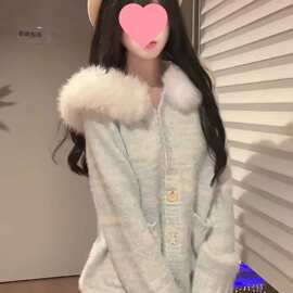 韩系软糯针织衫外套女异形扣秋冬大毛领毛绒宽松慵懒连帽毛衣开衫