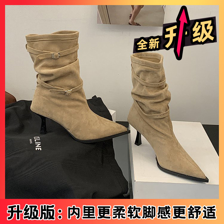 复古尖头时装靴女2025年秋冬新款女小个子高跟中筒靴百搭气质女靴|undefined