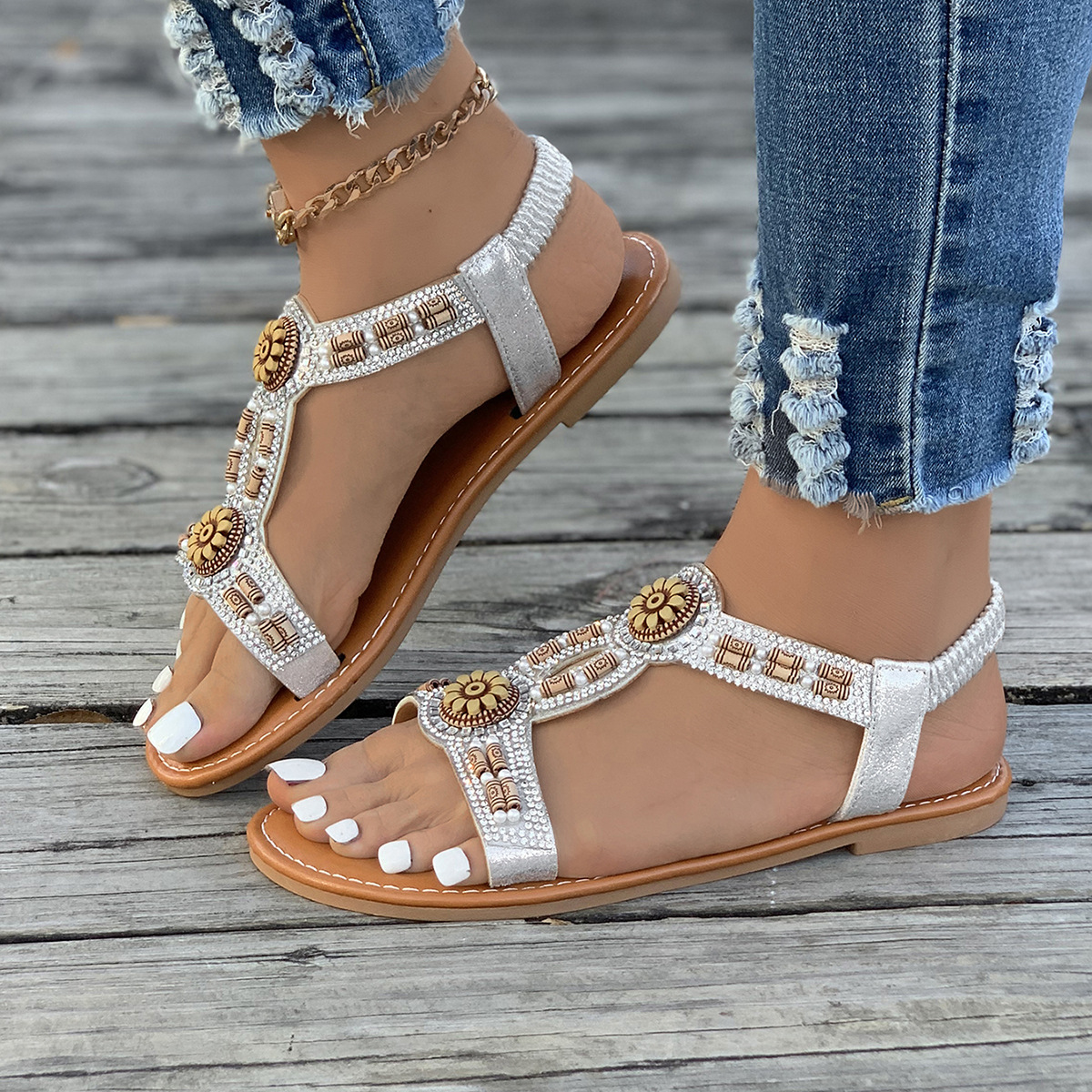 Bohemian 2024 Sommer Neue Perlen Wasser Diamant Bull Muscle Sohle Anti rutsch Schwangere frauen Schuhe Strand Sandalen_voghion.com