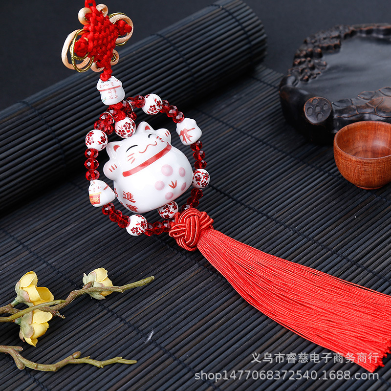 Cerámica afortunado gato coche interior colgante adornos coche espejo retrovisor decoración suministros fábrica al por mayor