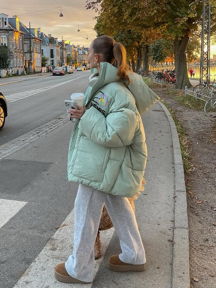 Temperamento de moda ocio de color sólido con sombrero de manga larga bolsillo abrigo de algodón 2025 otoño y invierno nuevo estilo europeo y americano transfronterizo