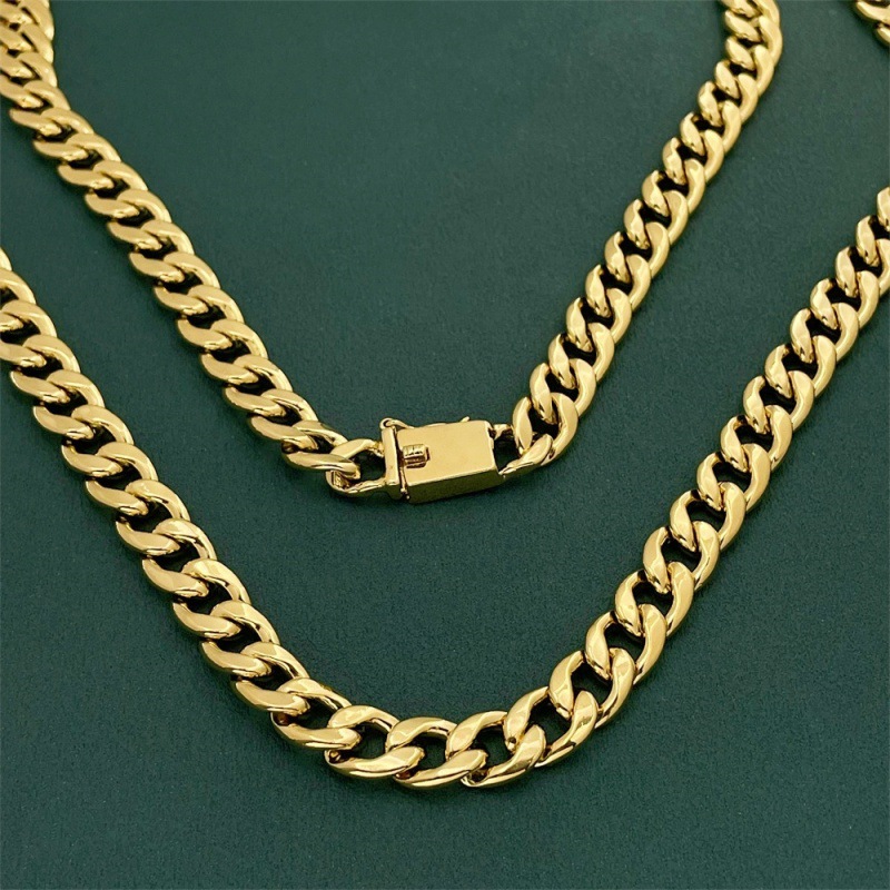 Bijou pour homme très demandé pour le commerce transfrontalier : Collier chaîne cubaine à maillons coupés sur le côté, 10 mm, 75 cm, cuivre plaqué or, sous vide_voghion.com