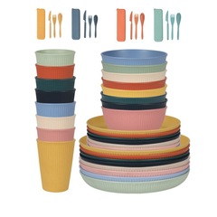 小麦わら食器、ボウル、プレートセット、プラスチック製スープボウル、カップ、家庭用屋外学生ポータブルナイフ、フォーク、スプーン、箸ギフト