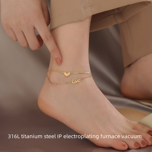 Anti-fading new minimalist titanium steel ankle chain for girls, red rope with a fortune charm, summer fashion, light luxury, heart-shaped ankle accessory